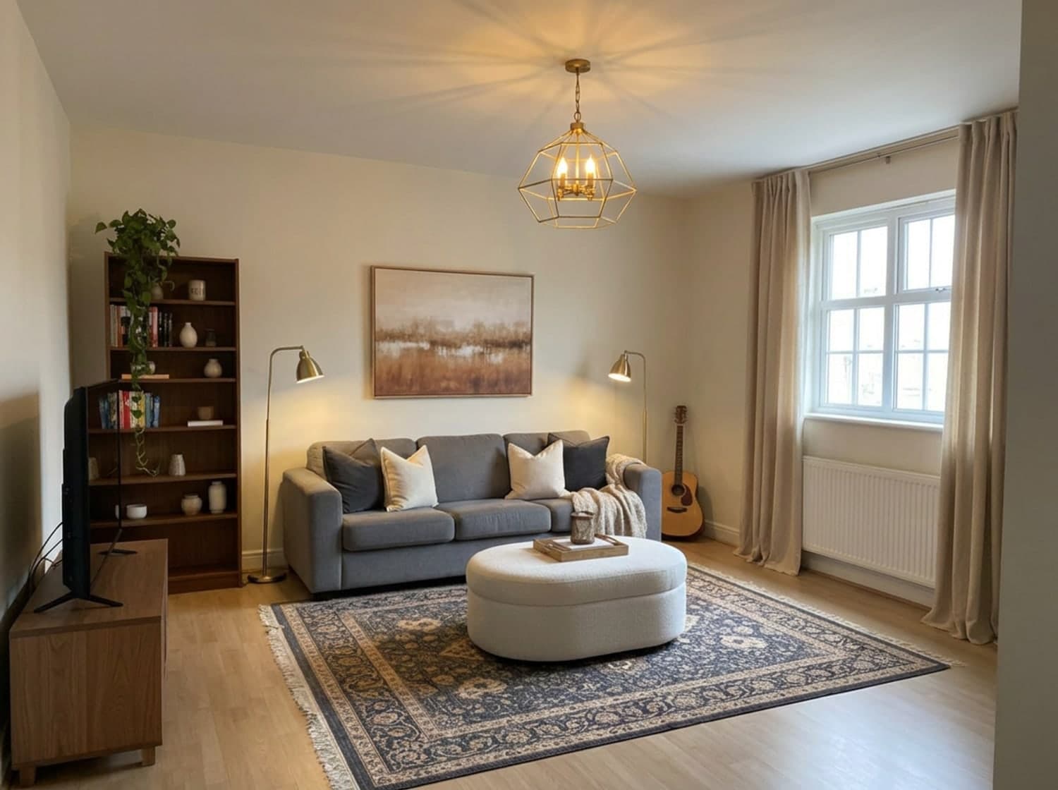 A living room after a RoomCalm Makeover — The grey sofa where it was, the guitar, the TV, the window and the radiator.