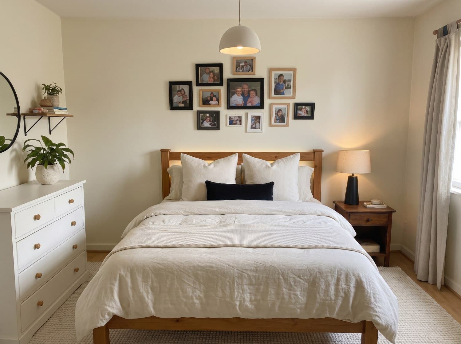 The bedroom after RoomCalm AI redesign — same furniture, warmer light and styling (Every photograph is still on the wall.)