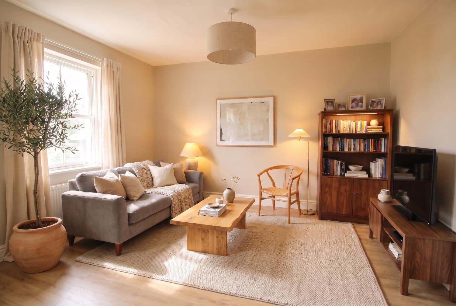 The same room at Makeover intensity — The big pieces stay. The sofa, the chair and the bookcase are the same ones. Everything around them gets upgraded.