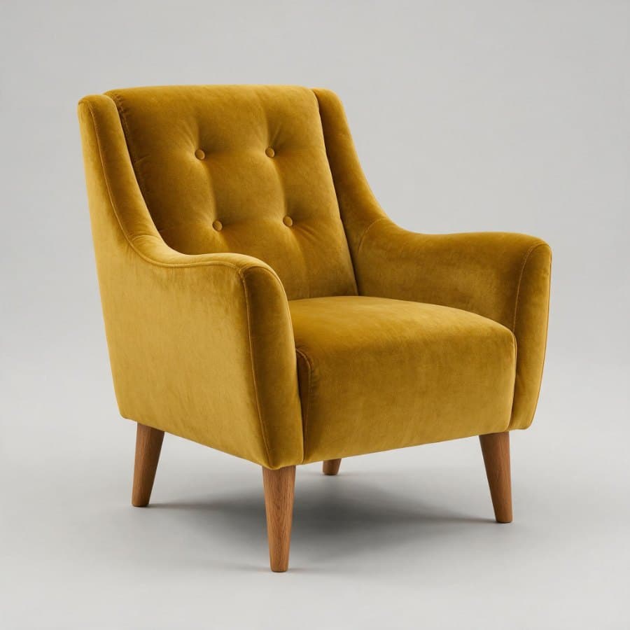 A mustard-yellow velvet armchair as it appears in a shop listing photograph