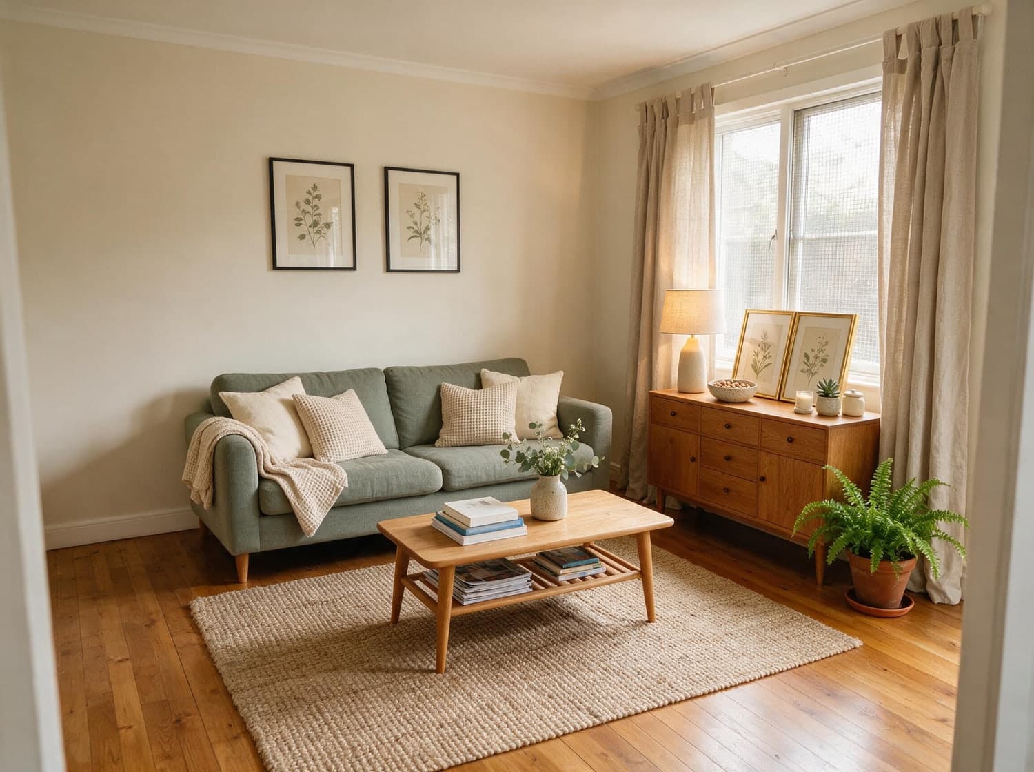 A tidy, already-decorated living room with a sage sofa, oak sideboard and jute rug — and one empty spot beside the sofa where an armchair would go