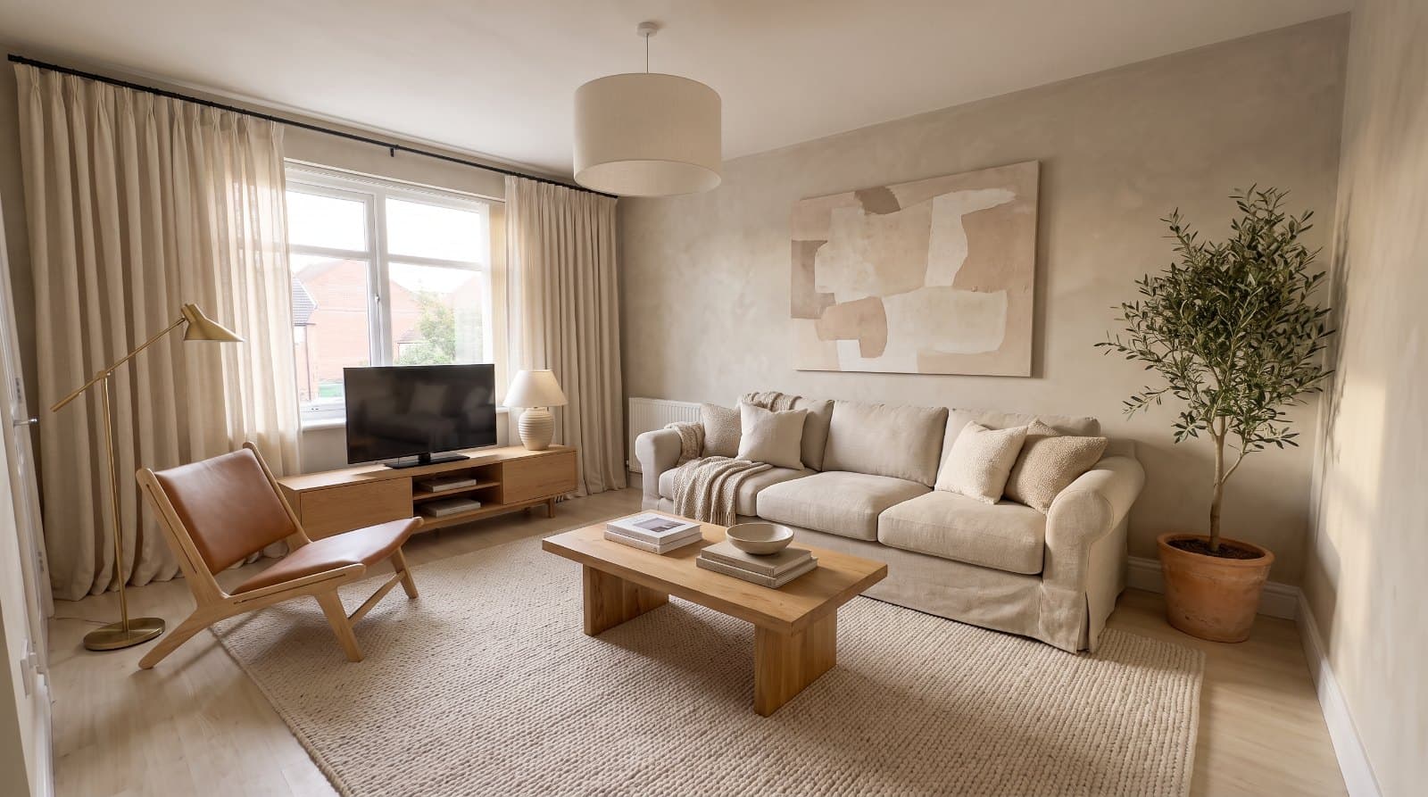 The same living room redesigned in a warm minimal style — the same window and doorway, now with limewash walls, a linen sofa, an oak coffee table, floor-length linen curtains and layered lamplight