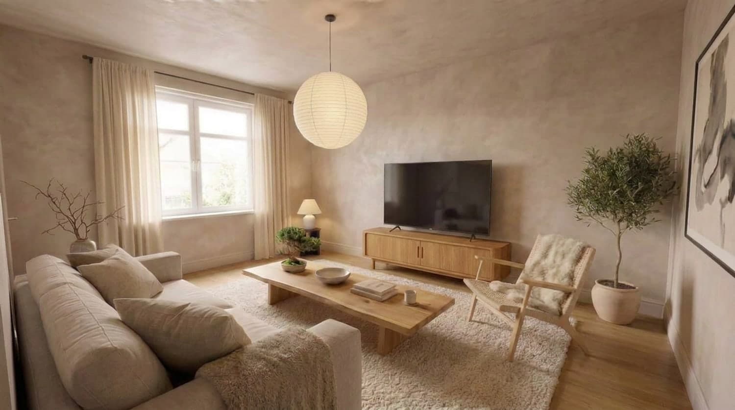 The same living room fully redesigned in the Japandi style — same window and doorway, with mushroom limewash, low oak console, flax linen, paper light