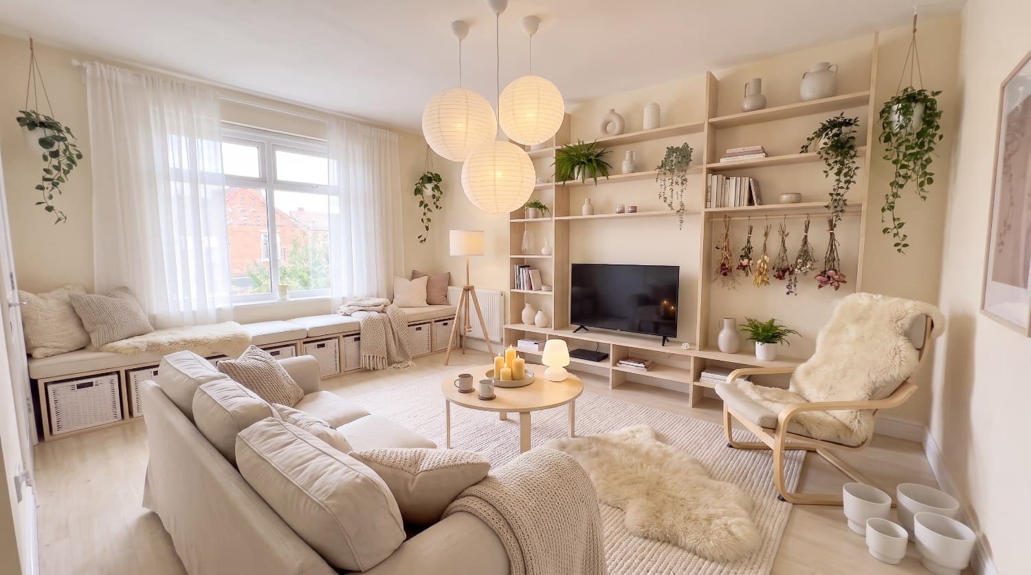 The same living room fully redesigned in the Scandinavian / Hygge style — same window and doorway, with blonde birch, cream wool, sheepskin, paper globes