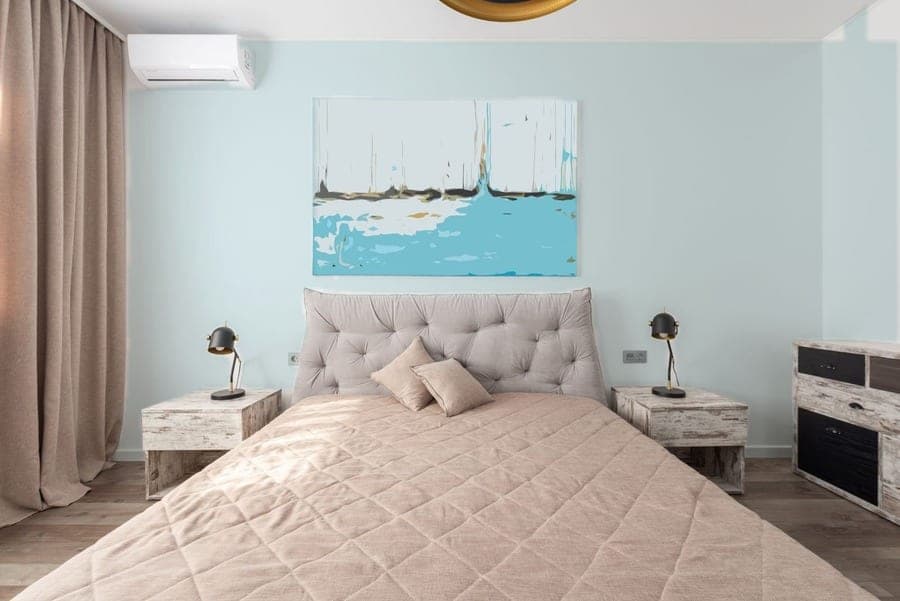 Bedroom wall in SW 6225 Sleepy Blue, RoomCalm visualizer preview (on-screen approximation)