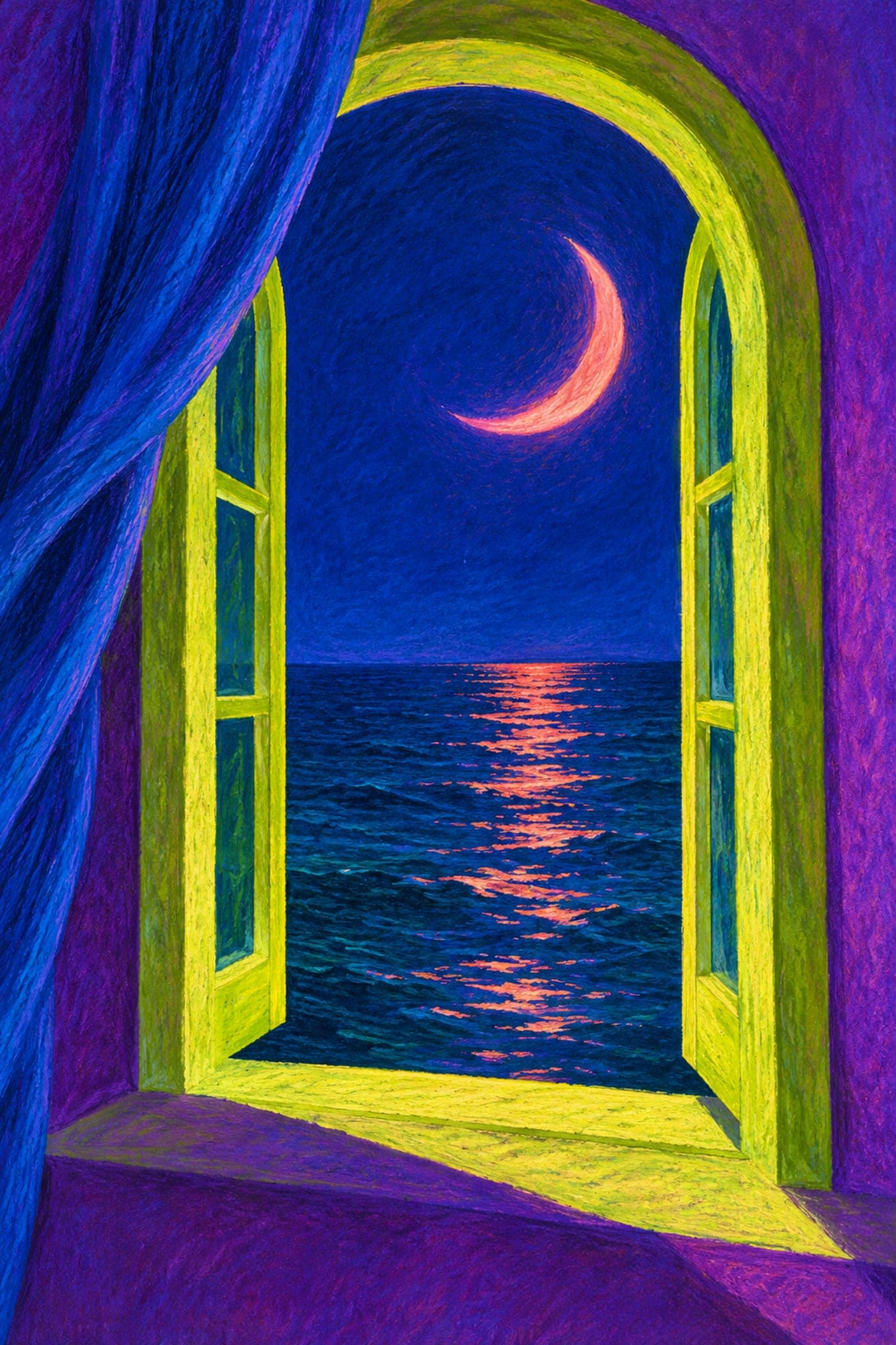 Moonlit sea through an arched window — The Dopamine Art Collection printable wall art print